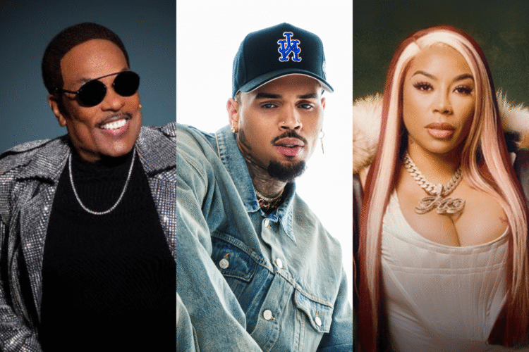 An image of R&B singers Charlie Wilson, Chris Brown and Keyshia Cole, who have R&B tours and concerts scheduled in 2025.