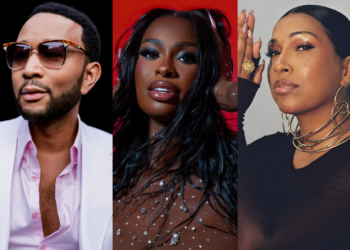 An image of R&B singers John Legend, Coco Jones, and Melanie Fiona, who have R&B tours and concerts scheduled in 2025.