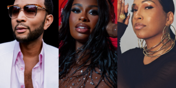 An image of R&B singers John Legend, Coco Jones, and Melanie Fiona, who have R&B tours and concerts scheduled in 2025.